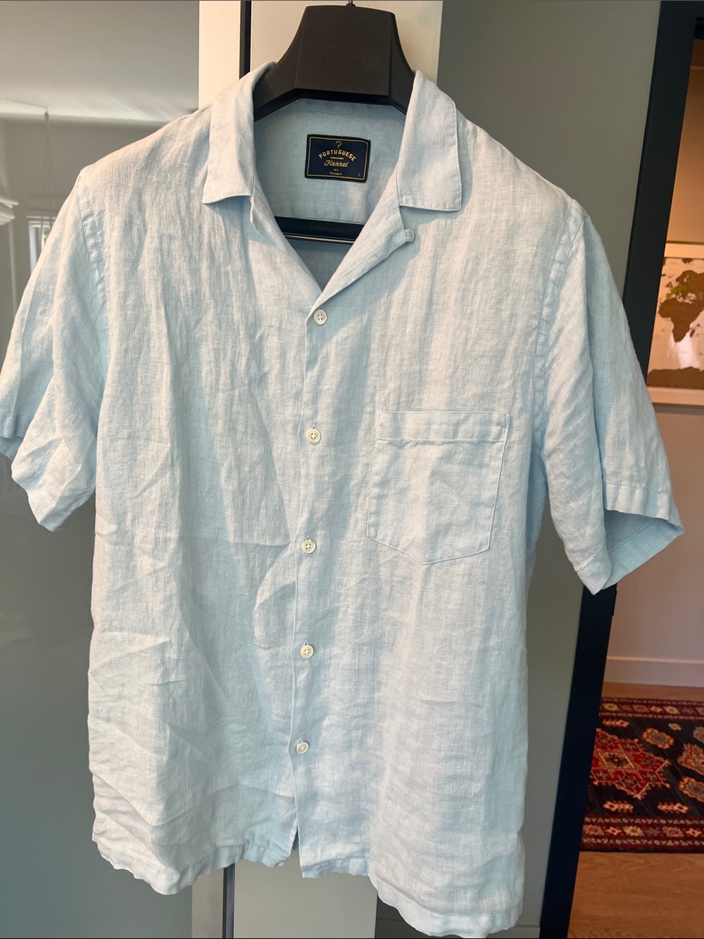 Light Blue Short-Sleeve Linen Camp Collar Shirt